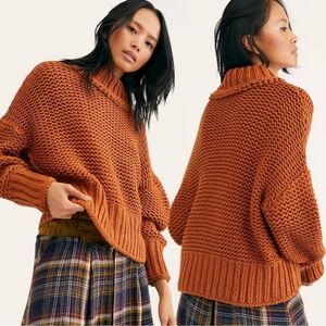 Free People My Only Sunshine Chunky Knit Turtleneck Sweater Orange Rust - Small